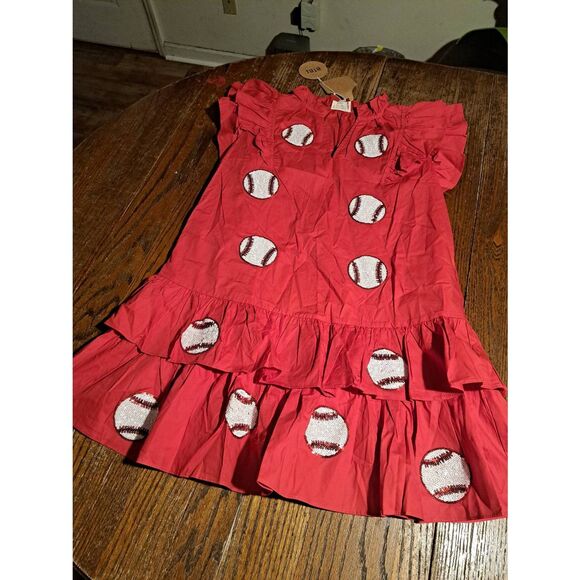 NEW Bibi Womens Small Baseball Game Day Dress Red Ruffle Sleeve Pockets - Picture 5 of 10